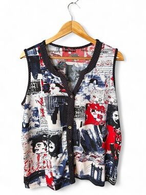 Claire France Parisian Collage Print Sleeveless Blouse Retro Top Artsy Euro Chic